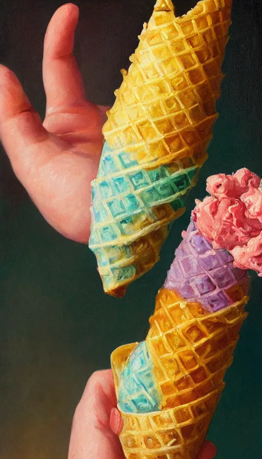 Prompt: still-life painting of a hand holding a waffle cone containing 3 scoops of colorful gelato by Peder Krøyer, lush garden, golden hour, dramatic lighting, volumetric lighting, intricate detail, canvas print