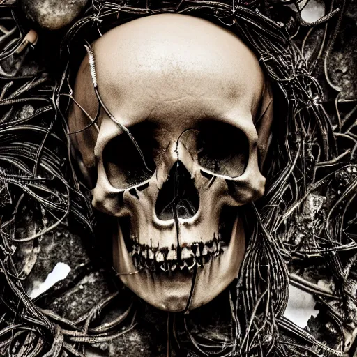 Image similar to a dark occult ritual of wires skulls skin and decay, moody, hyperrealism, 8 k photo, atmospheric