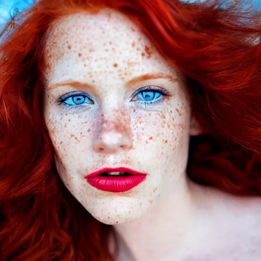 Image similar to Close up photo of the left side of the head of a redhead woman with gorgeous blue eyes and wavy long red hair, red detailed lips and freckles who looks directly at the camera. Slightly open mouth. Whole head visible and covers half of the frame, with a park visible in the background. 135mm nikon.