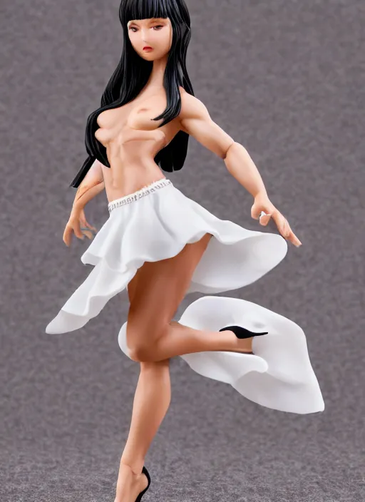 Prompt: Product Introduction Photos, 4K, Full body, 80mm resin detailed miniature of a very muscular lady in White and lacy ruffled mini-skirt, dark skin, black hair