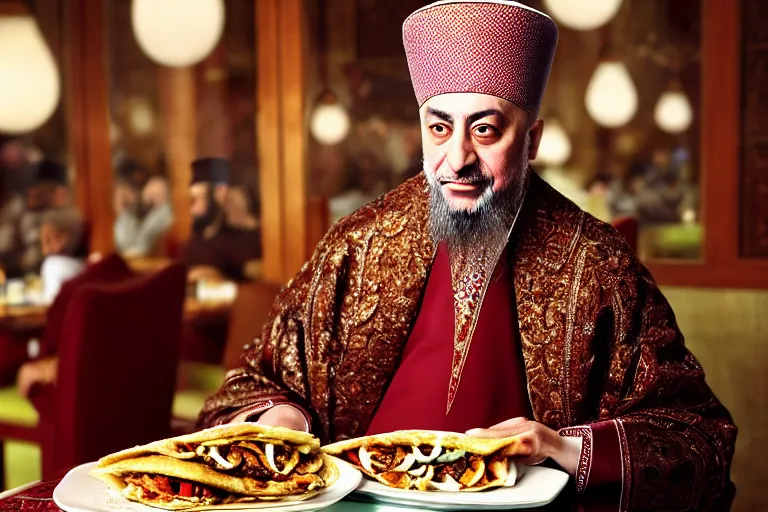 Prompt: Ottoman Sultan Mehmet IV eating shawarma in a restaurant, wearing big ovular turban and a luxurious Ottoman coat, mid-shot, cold lighting, photography from Vogue Magazine, neat, precise, realistic, detailed facial features, expressive, photorealistic, hyperrealism, micro details, HDR Shot, in the style of Martin Schoeller