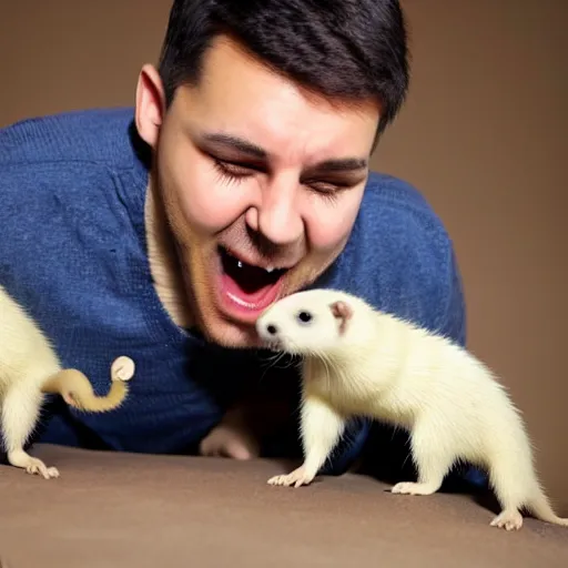 Prompt: man surrounded by ferrets falling around him, stock photo