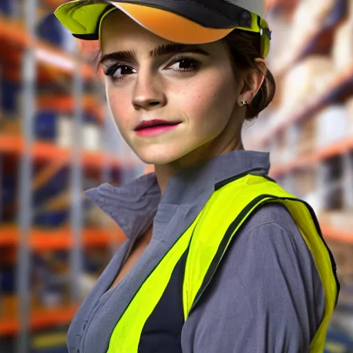 Image similar to photo, close up, emma watson in a hi vis vest, in warehouse, portrait, point and shoot camera, underexposed backlit,