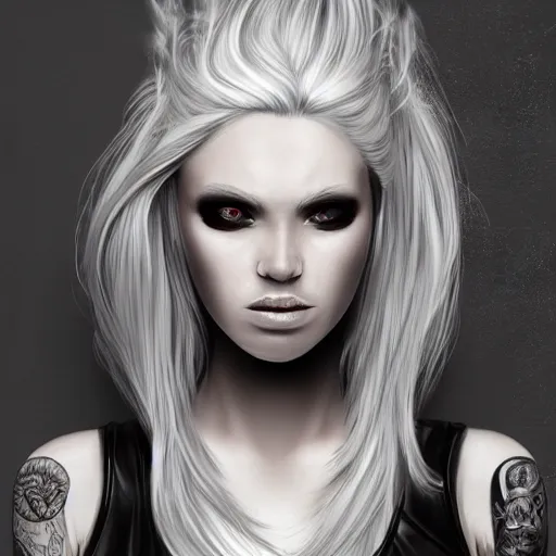 Image similar to Hot young woman, grey skinned, void eyeballs, white hair, tattoos, wearing leather jacket and wifebeater tank top, digital art, concept art, 4k,