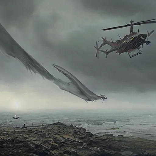 Prompt: an giant reptile creature destroying flying helicopters in a foggy storm weather, Matte painting , detailed painting, greg rutkowski