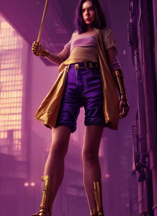 Image similar to young woman wearing shorts and shirt : : purple - gold streets cyberpunk : : weta disney pixar movie still photo : : decadent highly - detailed digital painting, heroic pose, full length shot, golden ratio, octane render, artstation, smooth, sharp focus, artgerm, mucha, loish, wlop, gogo