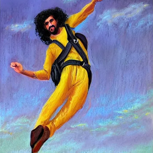 Prompt: arab man with long curly hair skydiving, pastel colors, oil painting, dreamy