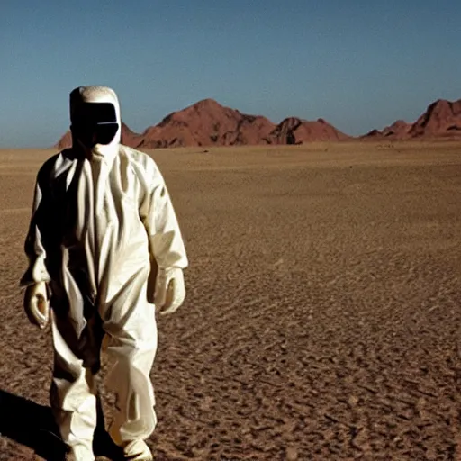 Prompt: a man wearing a hazmat suit and goggles, in the desert, film still, directed by vince gilligan