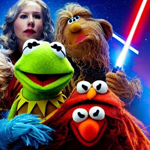 Image similar to muppets in a star wars movie scene, laser , explosions, movie stage setup, 8k