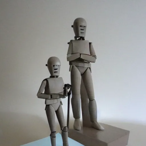 Prompt: minimalist, muted by aquirax uno star wars. a beautiful sculpture. i grew up on a farm. we worked the land. i helped dad program the agribots.
