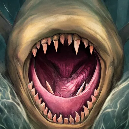 Image similar to d & d fantasy art, a huge human mouth with large flat teeth, large dorsal fins swimming through a dark ocean, pink skin, sinew, concept art, character art, horror