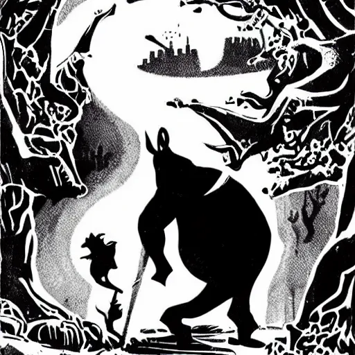 Prompt: A devious tapir. Dark Fantasy, Film Noir, Black and White. High Contrast, Mike Mignola, D&D, OSR