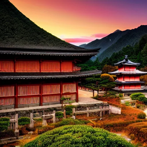 Prompt: a traditional japanese village in the mountains at sunset by Adam Paquette