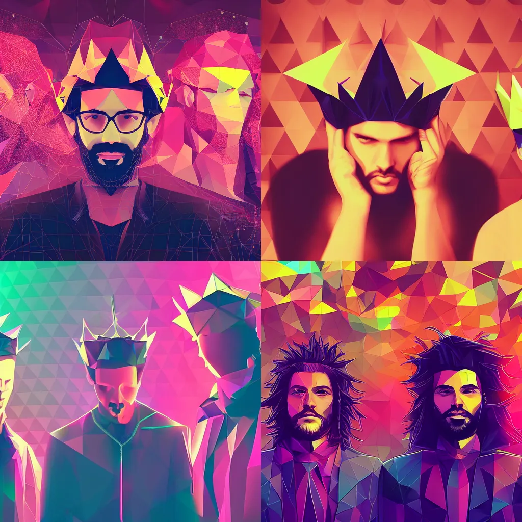 Prompt: three men wearing crowns, flowing hair, digital art, polygonal art, cyberpunk, synthwave, bokeh