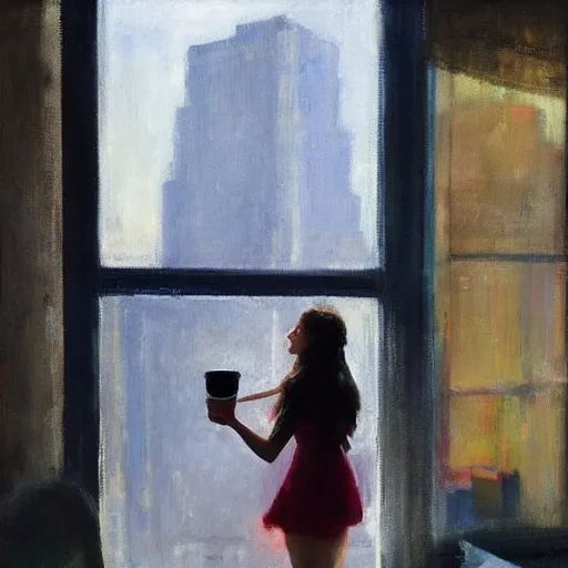 Image similar to “ a girl holding a cup of coffee looking out a window overlooking the east village in new york city, morning light, by daniel gerhartz ”