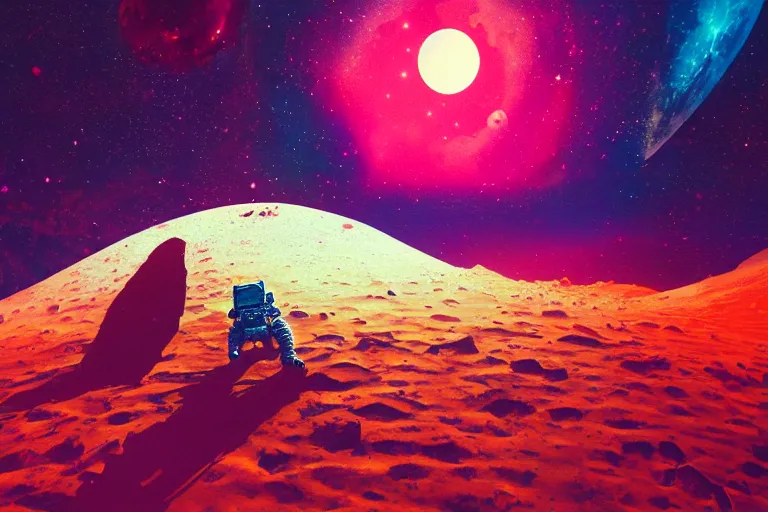 Image similar to an astronaut laying on mars in the style of flooko, acrylic art, detailed, moonlight, red lighting, bokeh, synthwave, psychedelic, glitch, neon,