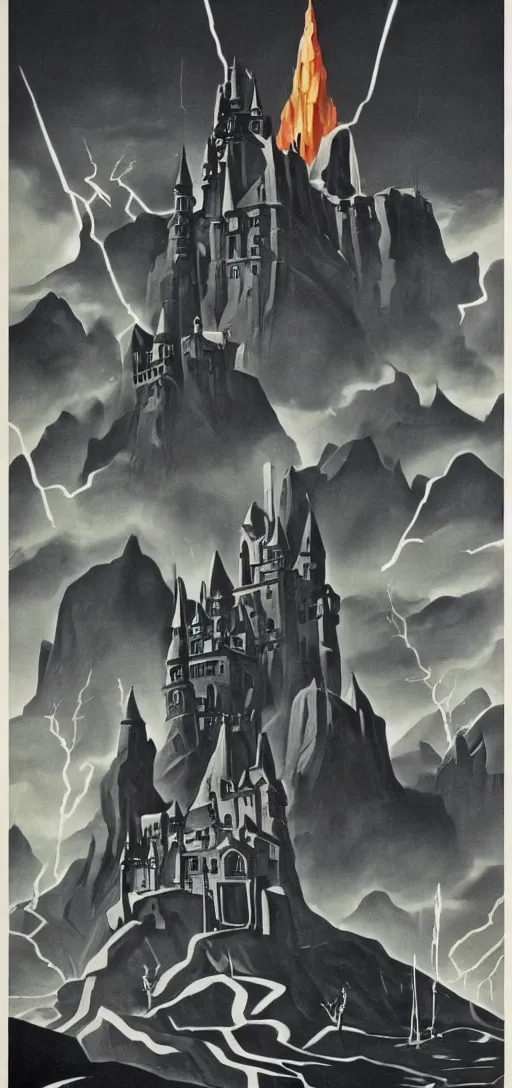 Image similar to black fantasy castle in a montain with lightning bolts in 1940s propaganda poster