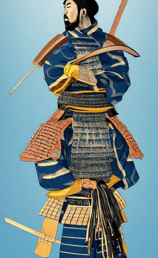 Image similar to highly detailed beautiful photography of a samurai, sharp focus, dynamic lighting, elegant, harmony, beauty, masterpiece, by roberto ferry, illustration, blue background