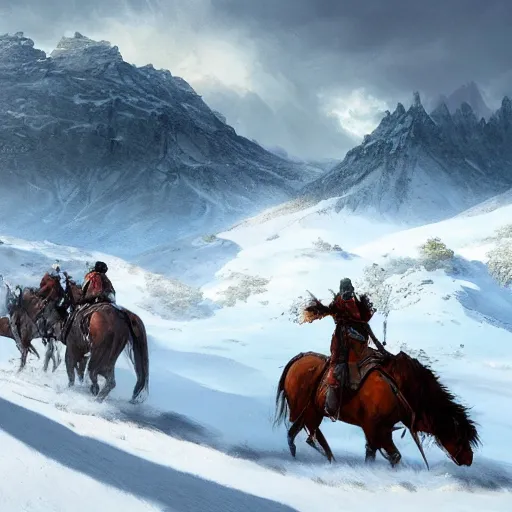 Prompt: Landscape of snowy mountains where we can perceive in the distance two riders on horses crossing the snow, snow storm, highly detailed, digital painting, artstation, concept art, illustration, art by Bayard Wu and Marc Simonetti and Diego Gisbert Llorens