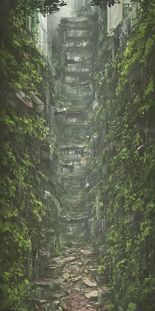 Prompt: abandoned overgrown old alley in hong kong, epic vines, illustration by niko delort,