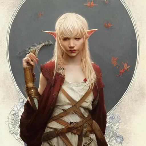 Image similar to elf fairy blond with a beautiful face, holding a lute, wearing a cardigan, highly detailed, intricate, digital painting, artstation, sharp focus, illustration, art by jakub rozalski, greg rutkowski, artgerm, tan zi and ayanamikodon and alphonse mucha and wlop