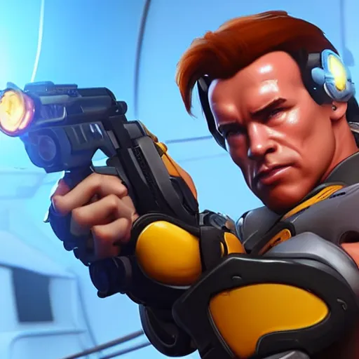 Image similar to a screenshot of arnold schwarzenegger as tracer in overwatch