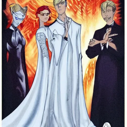 Prompt: heroic square - jawed emotionless serious blonde woman starship engineer, tribal tattoos, handsome, short slicked - back hair, sweating, uncomfortable and anxious, wearing white and gold satin victorian gown with white feathers at opulent formal dinner, looking distracted, awkward, mike mignogna, david mack