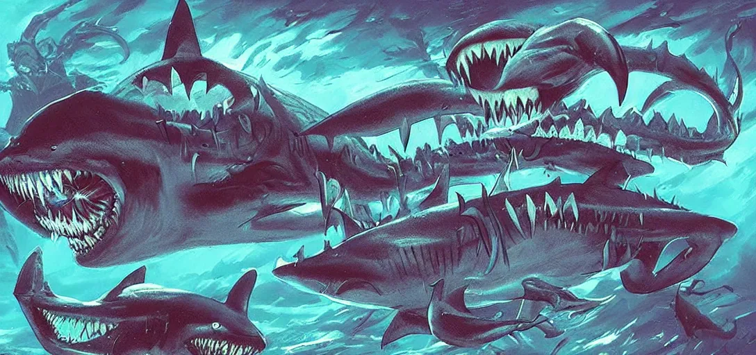 Image similar to concept art of shark attack, lovecraftian, lots of teeth, melting horror, fighting the horrors of the unknown with laser guns