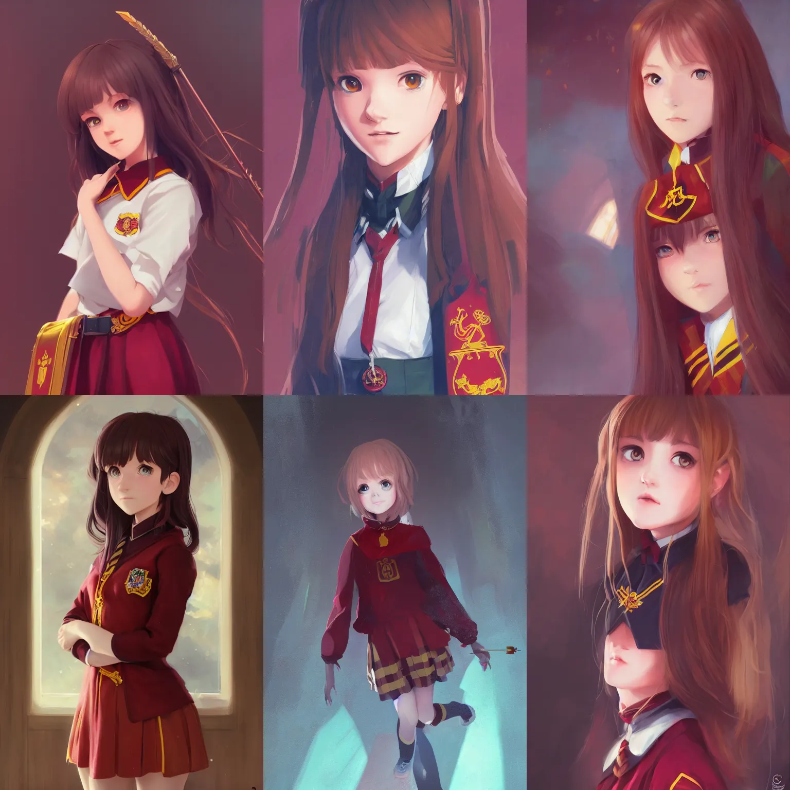 Prompt: a portrait of a cute young female Gryffindor student, Hogwarts setting, vivid colors, soft lighting, atmospheric, cinematic, moody, in the style of Ilya Kuvshinov and Range Murata, Krenz Cushart, rule of thirds, oil on canvas, 8k