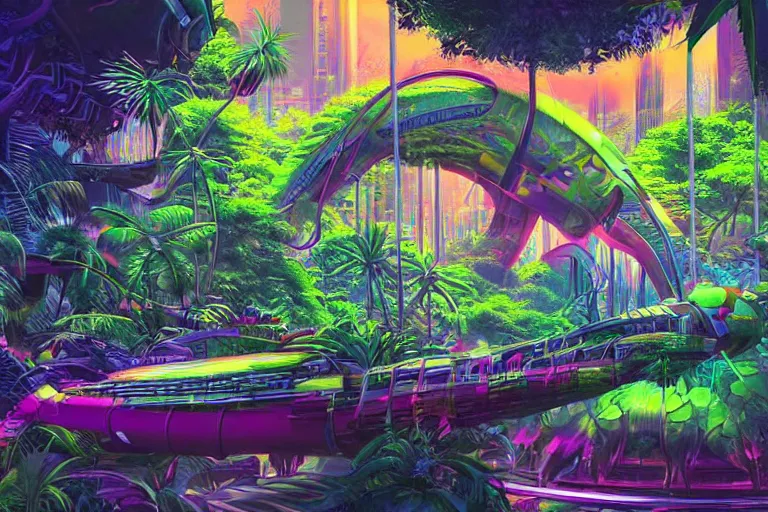 Image similar to retro futuristic jungle, DNA bio experiment, colourful futuristic landcape, neon bright lights, sci-fi concept art, by Studio Ghibli and Syd Mead, highly detailed vegetation, airbrush,