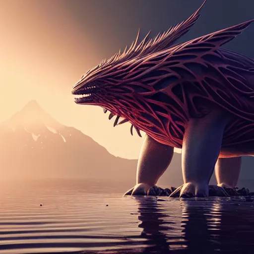 Image similar to ( ( pokemon ) ) creature creature in alaska, backlit, water reflection, warm tones : : by michal karcz, daniel merriam, victo ngai and guillermo del toro : : ornate, dynamic, particulate, intricate, elegant, highly detailed, centered, artstation, smooth, sharp focus, octane render, 3 d