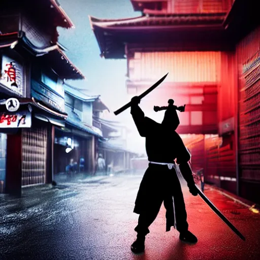 Image similar to ninja samurai with a katana in hand finishing his opponent, Ninja samurai has a dark costume, Japanese street environment, neon signboards in the background, shallow blur background, characters in focus, rainy weather, blood splatter on the ground, high detailed, intricate details, photorealistic, cinematic