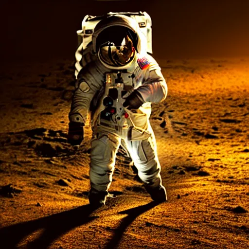 Image similar to dark photograph of an astronaut, lit from bottom, full body photo,, 8 k