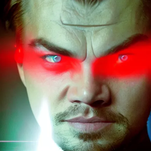 Prompt: still of leonardo dicaprio half cyborg, film grain, red glowing eyes, red lens flare