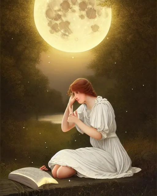 Image similar to a girl in white nightgown reading a book by the river, a full moon on the horizon, dark starry sky, golden orbs and fireflies, illustration, dramatic lighting, art nouveau, highly detailed face, 8 k, hd, by edmund blair leighton, brom, charlie bowater, trending on artstation, tom bagshaw