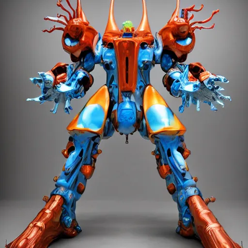 Image similar to drippy liquid metal combat mecha, gouf evangelion, bismuth mechanical exoskeleton wearing hardsurface armour holding scifi weapons, sculpted by spider zero, jeff koons, chihuly, trending on artstation # chihuly # evagelion # chihuly