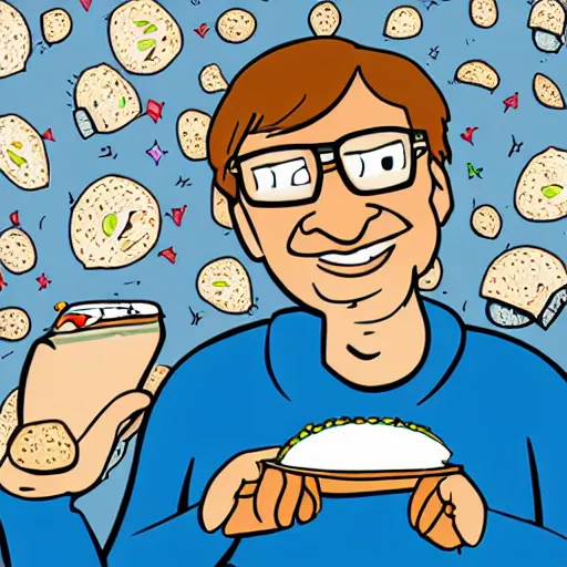 Image similar to Bill Gates eating burritos in outer space. Cartoon style.