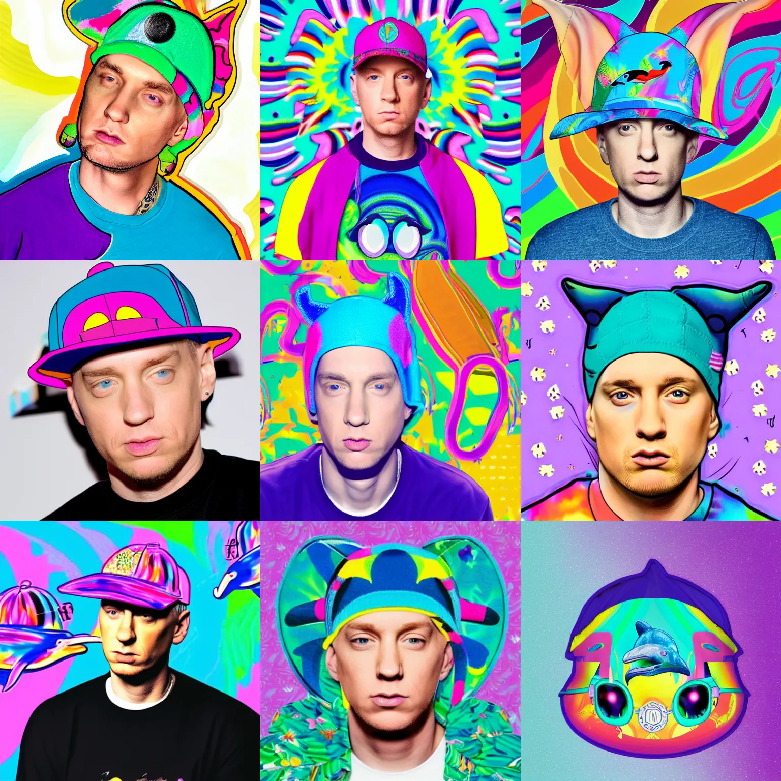 Prompt: eminem wearing a fashionable dolphin hat in the style of lisa frank and kubrick, ornate, photosynthetic,8k,award winning art,