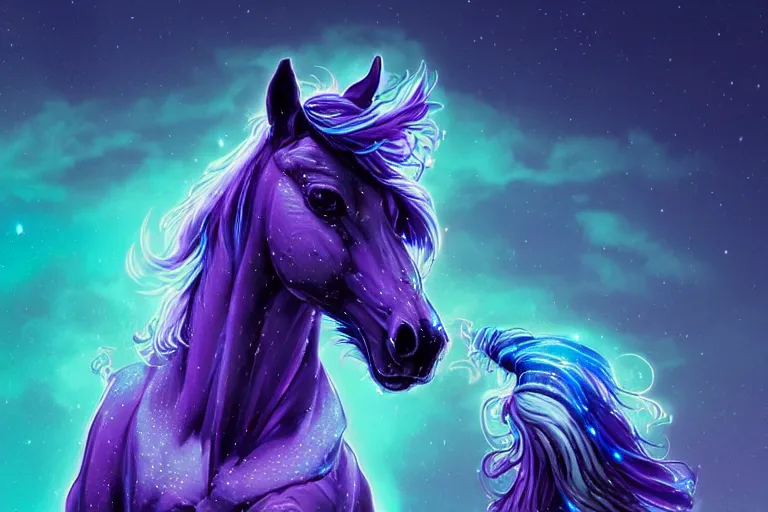 Image similar to a stunning horse with bioluminescent mane and tail jumping in the clouds by sandra chevrier and greg rutkowski, purple blue color scheme, celtic neon runes, vaporware, retro, outrun, high key lighting, volumetric light, digital art, highly detailed, fine detail, intricate, ornate, complex, octane render, unreal engine, photorealistic