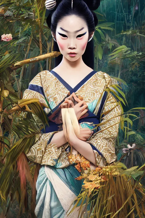 Image similar to stunningly beautiful, inuit geisha prima ballerina in jungle, symmetrical face, golden hour, smooth, focus, highly detailed, hyper realistic, dramatic lighting, elegant, intricate, concept art, art by wlop, mars ravelo, greg rutowski, artstation