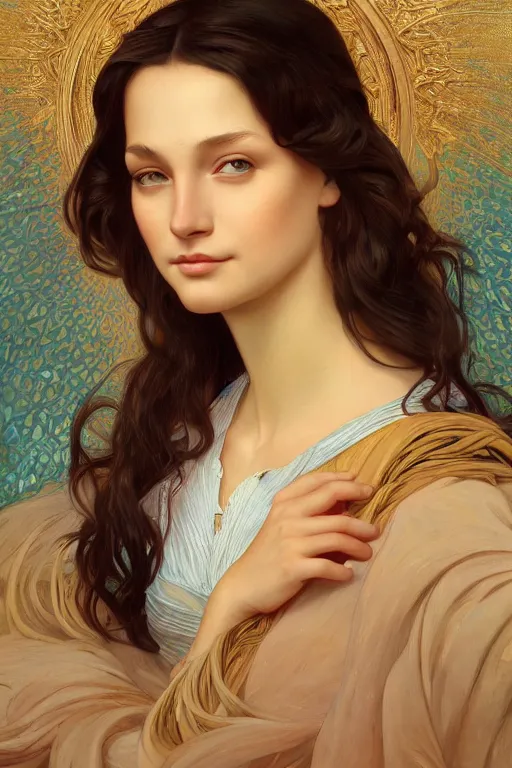 Image similar to beautiful portrait of a woman, not mona lisa pose, intricate, elegant, highly detailed, digital painting, artstation, concept art, smooth, sharp focus, illustration, art by lisa frank and jim lee character portrait artgerm and greg rutkowski and alphonse mucha