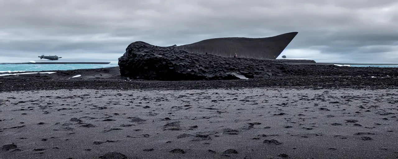 Prompt: low angle cinematic shot of giant futuristic military spacecraft in the middle of an endless black sand beach in iceland with icebergs in the distance,, 2 8 mm