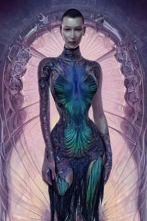 Prompt: a realistic portrait of a beautiful ancient alien woman goddess bella hadid standing in iris van herpen dress jewelery and fractals in style of alphonse mucha art nuvo dmt trending on artstation made in unreal engine 4