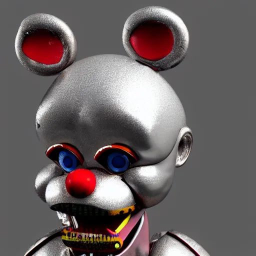 Prompt: 3d ultra photorealistic render of a new fnaf animatronic that look like a clown made of metal pieces joined together, blood all over the textures and a creepy yellow face