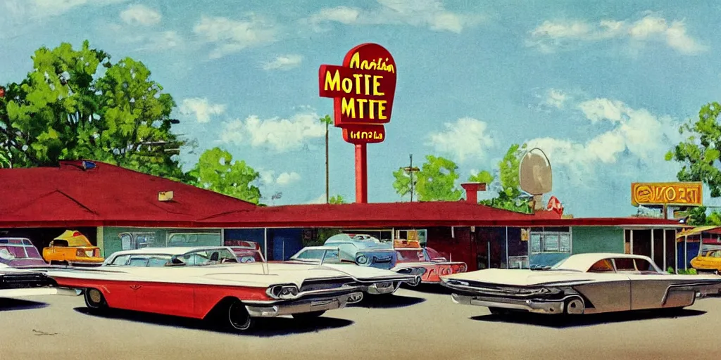 Image similar to 1 9 6 0 s americana painting of a motel and motel sign with cars parked outside by norman rockwell