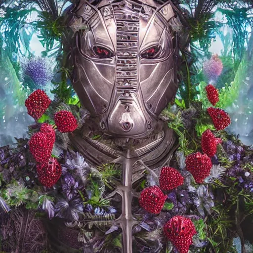 Image similar to a male knight, stern face, clear eyes, in a dark forest, shining armour made of steel and flowers, and fractal flowery hair in a fractal garden, glowing delicate flower, berries and ferns that grow in a dark fantasy forest, full frame,