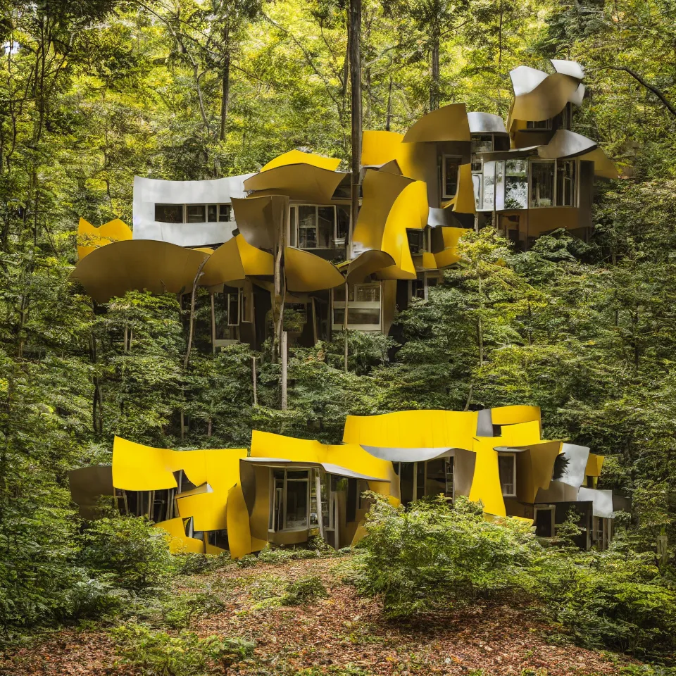 Image similar to architecture ad for a flat mid-century modern house in the forest, designed by Frank Gehry. Big Tiles. Film grain, cinematic, yellow hue