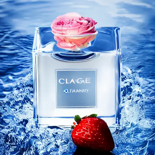 Image similar to centered clear clean perfume sitting in clear, rippling rose - water with floating strawberries on a bright sunny day, blue cloudy skies, crisp, surreal photography, illumination lighting, sharp focus, vogue