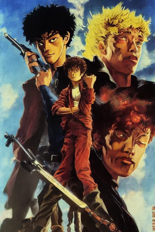 Prompt: Movie poster of Spike and Edward of Cowboy Bebop, Highly Detailed, Dramatic, by frank frazetta, ilya repin, 8k, hd, high resolution print