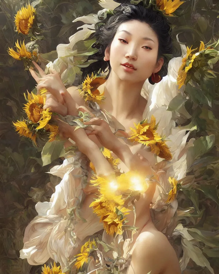 Image similar to character concept portrait of the sunflower goddess, an beautiful east-asian deity that channels sunlight and brings joy, intricate, elegant, digital painting, concept art, smooth, sharp focus, illustration, from Metal Gear, by Ruan Jia and Mandy Jurgens and William-Adolphe Bouguereau, Artgerm